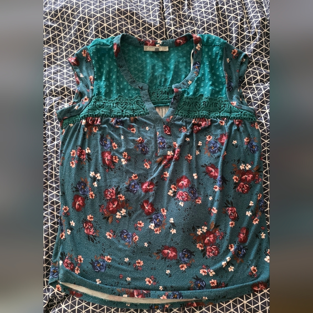 Daniel Rainn Teal and Red Floral Blouse